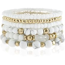 RIAH FASHION Bohemian Beaded Multi Layer Versatile Statement Bracelets - Natural Stone Stackable Stretch Strand Bangles