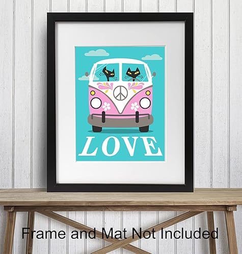 Miniatura 3 de Hippie decoration Cat Wall Art - Boho-chic Cat Lover Wall Decor - Retro style Love Decor - Mid-century modern 60s 70s Artwork Couples Gift - VW Bus