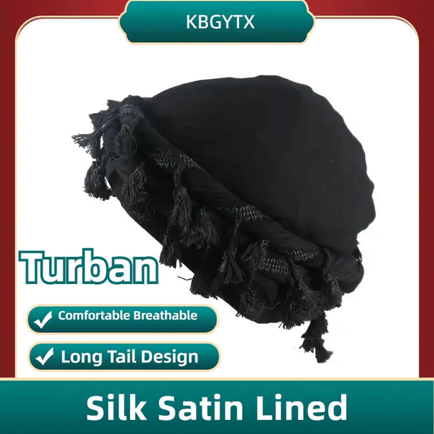 Turban Head Wraps for Men Skull Cap Halo Turban Pre-Tied Tassels Men Satin Lined Turban Hat with Fringe Twisted Tail (1, Deep Green) - Image 7