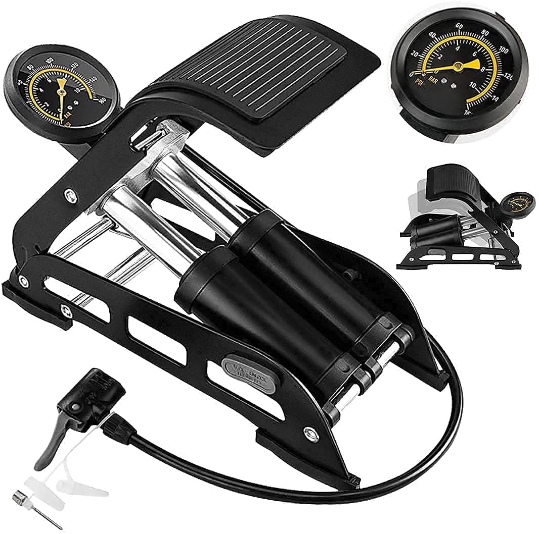 Heavy Duty Double Barrel Foot Air Pump with Pressure Gauge Portable Dual Cylinder Tyre Inflator Foot Operated Air Pump for Car Bike, Bicycle Motorcycle Football, Sports Balls & Inflatable Toys-image-18