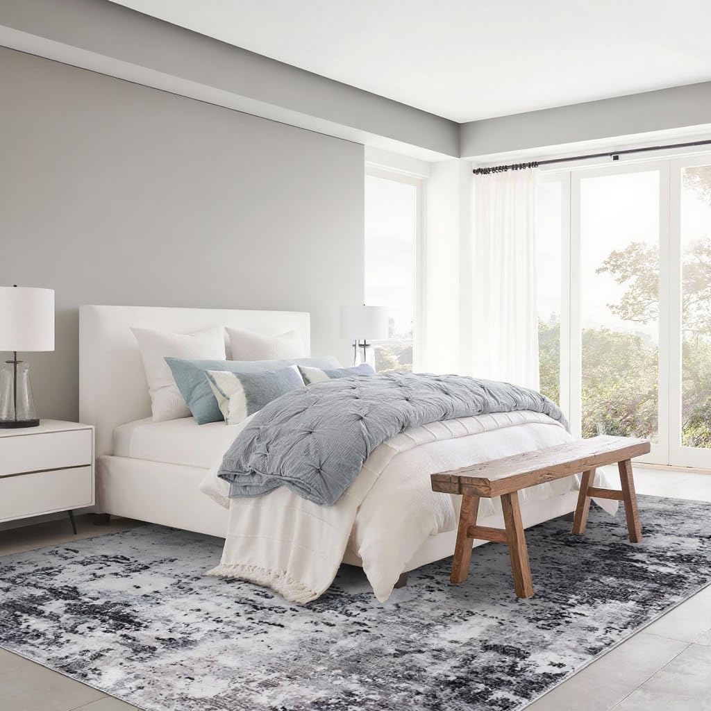 CAROMIO Large Modern Area Rug 200x290 cm, XL Abstract Rug for Living Room, Non-Slip Low Pile Thin Carpet for Bedroom, Lounge, Grey White