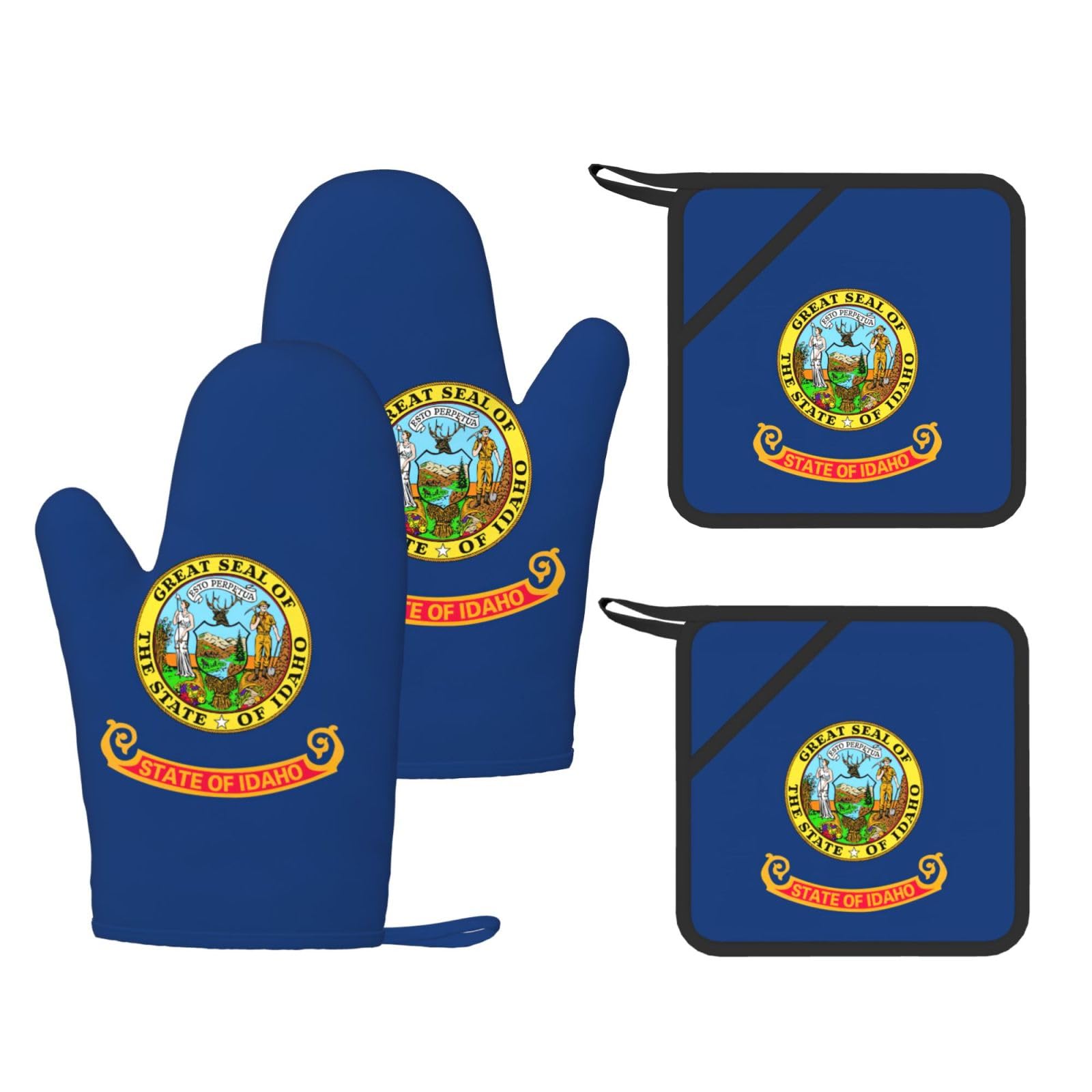 Idaho state flag Printed Kitchen Oven Gloves and Potholder 4 Pcs, Non-Slip Heat Resistant Mitts for Baking Chef