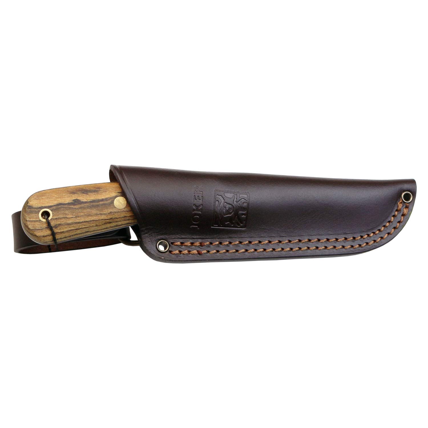 joker Coltello da caccia Mountaineer CB134, mango Bocca, lama Sandvik 14C28N da 11 cm, fodero in pelle marrone, per attività di Pesca, l'Escursionismo, Il Campeggio
