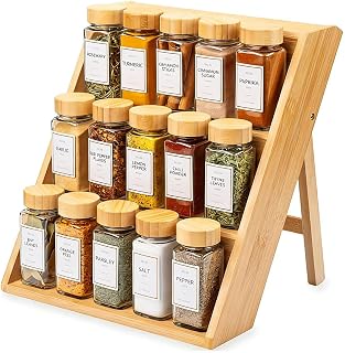 Goodern Bamboo Spice Rack Organizer,3-Tier Foldable Seasoning Spice Jar Storage Shelf Space Saving Spice Countertop Display Stand for Kitchen Cabinet Drawer Pantry Vanity Cosmetics Multi-Use Organizer