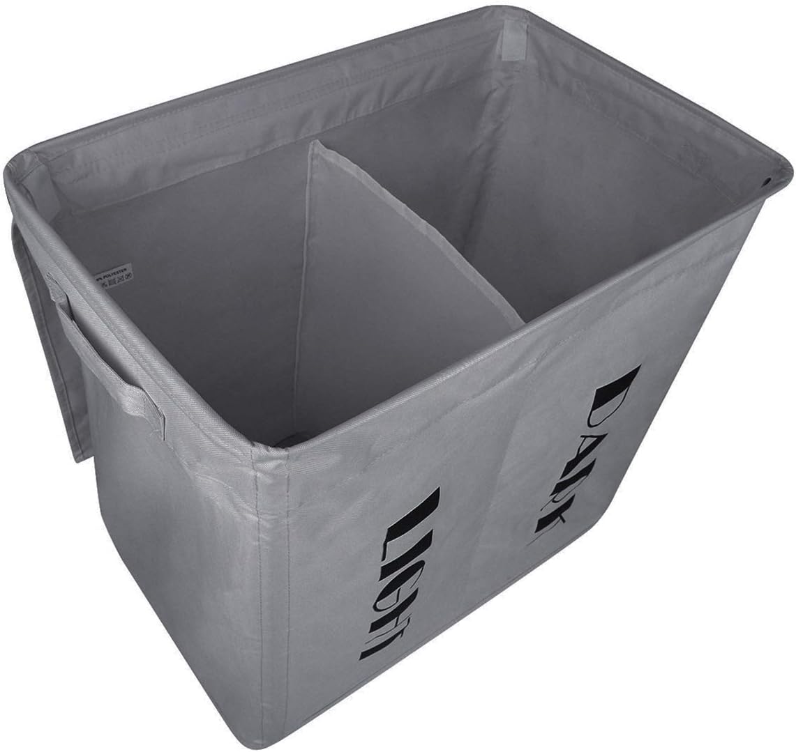 Chrislley Large Laundry Hamper Double Laundry Basket 2 Section Laundry Bag with Handles Foldable Hamper for Laundry Easily Transport Collapsible Clothes Hamper (grey)