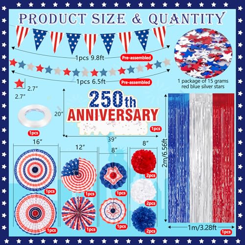 Image of 17 Pcs 4th of July Patriotic Decorations Set | 250th Anniversary, Paper Fans Pom Poms Banner Foil Curtain, Independence Day Memorial Day Party Decor