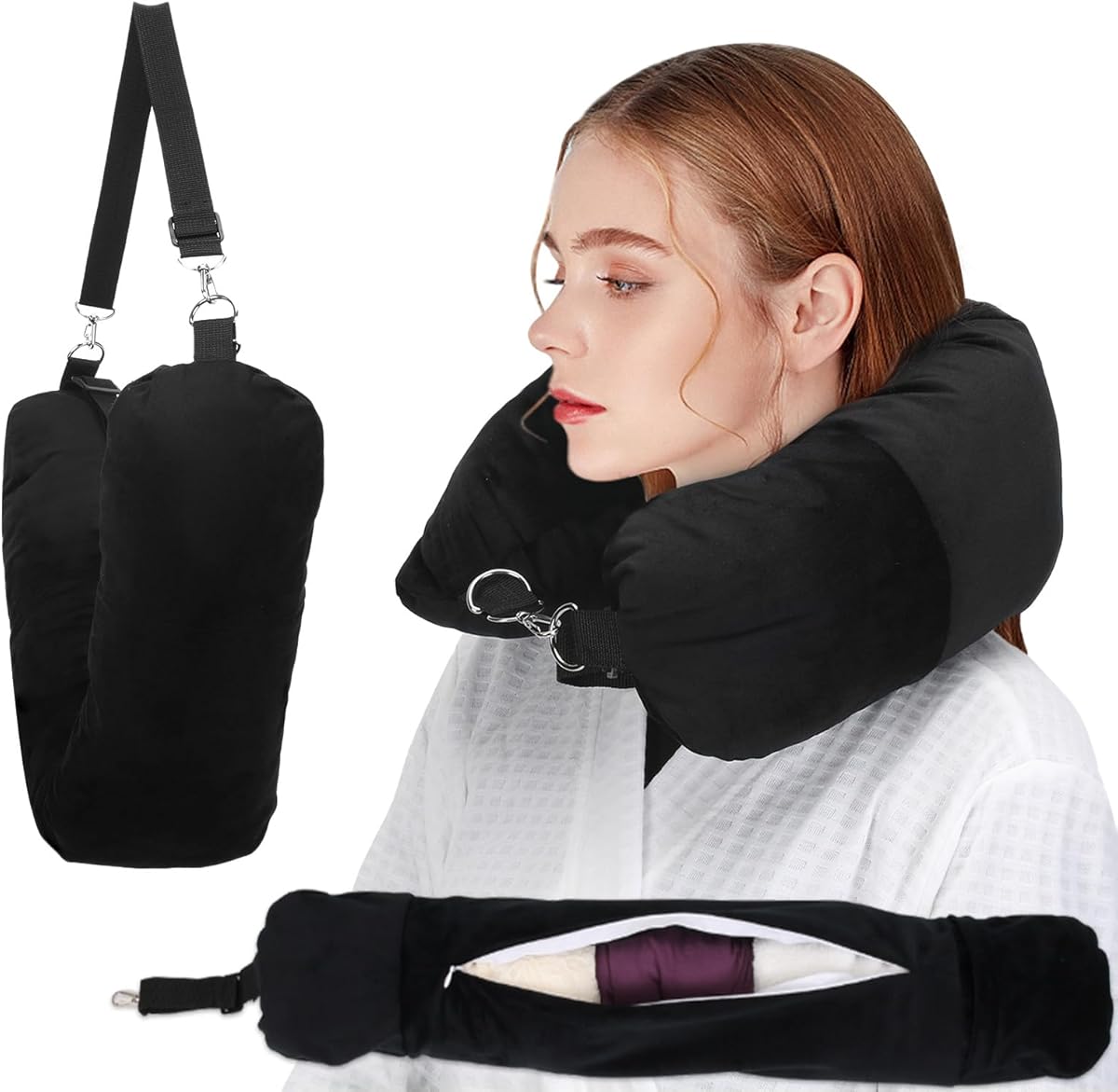 Stuffable Travel Pillow, Stuffable Neck Pillow for Travel, Travel Neck Pillow Stuffed with Clothes Storage - No Extra Baggage Fees, Fits 5+ Days of Travel Essentials, No Filler (Black)