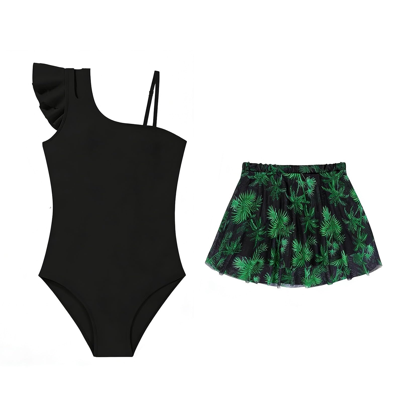 Mädchen Badeanzug Set 2-teilig Sport Schwimmanzug Kinder Einteiliger Bademode Quick-Dry Swimsuit mit Mesh Rock Tropischem Muster und Passendem Rock Bademode für Kinder 6-16 Jahre