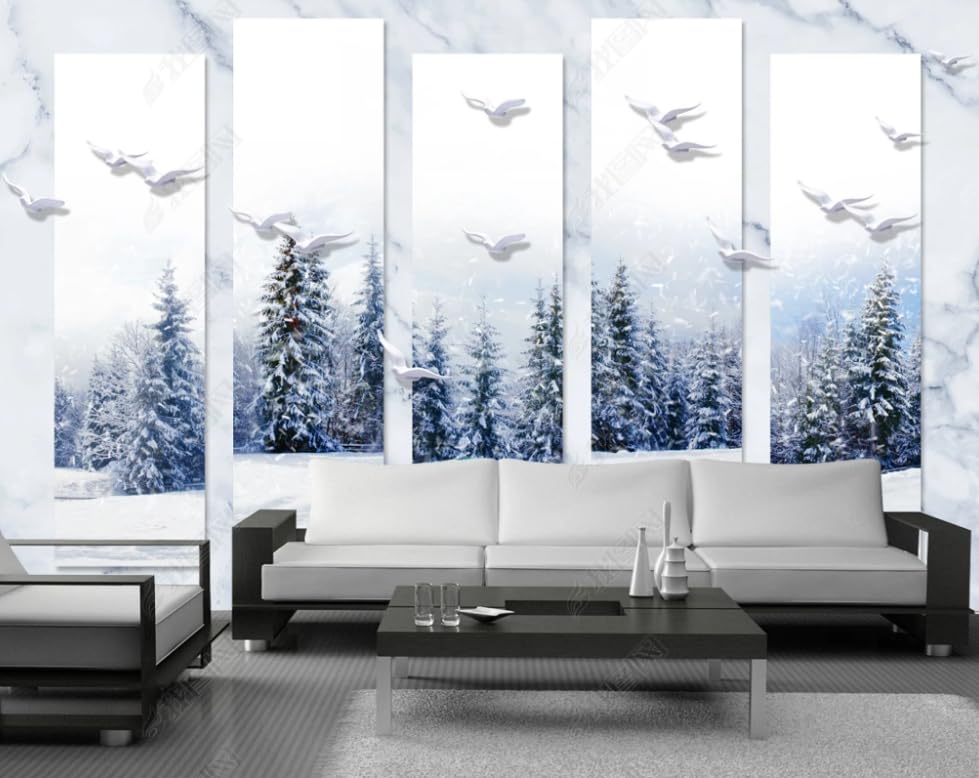 Papier peint intissé oiseaux volants et pins paysage enneigé XXL 350x256 cm