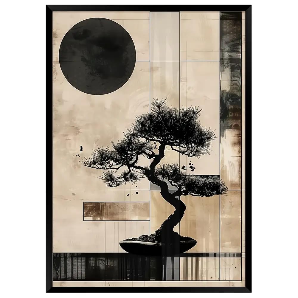 DekoArte – Cuadro decorativo Japandi 70x100 cm | cuadro con marco de madera negro incluido estilo japonés | Equilibrio natural | Hecho en España