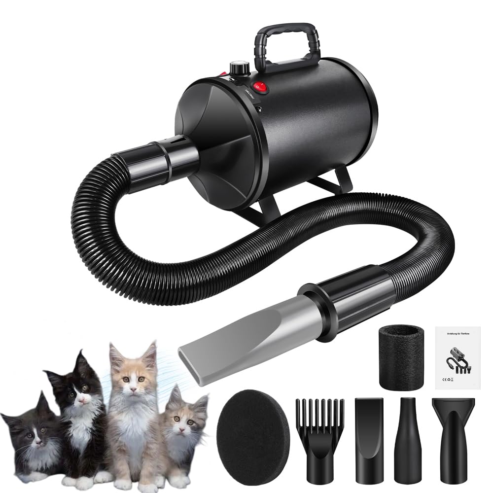 2800W Hundefön Hundetrockner Professioneller Haartrockner für Hunde Einstellbare Geschwindigkeit Tierfön Pet Dryer Hundepflege-Trockner-Gebläse mit 4 Düsen und Schlauch Tierfön Pet Dryer Hundepflege