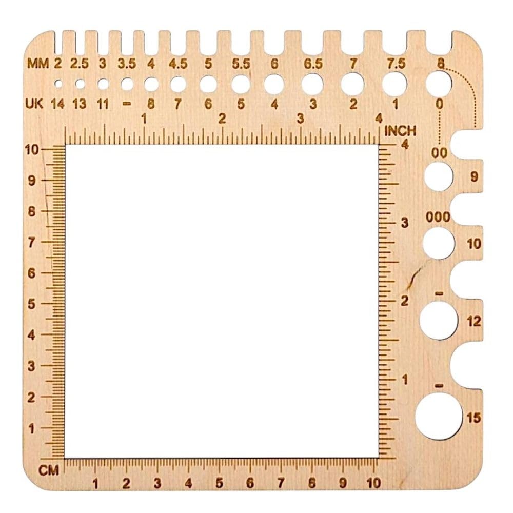 Birch Wood Tension Ruler & Counting Frame for Knitting and Crochet – 10x10cm Gauge with Needle & Hook Sizer – Metric & UK Sizes – Clear Markings for Accurate Tension Measuring