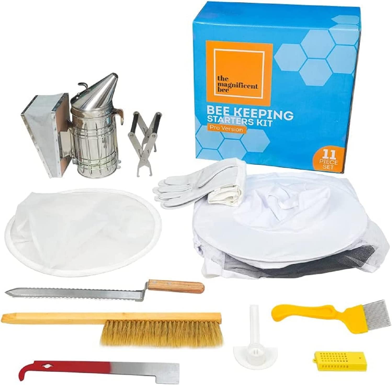 Beekeeping Supplies Starter Kit, 11 Piece Set, All-in-One Beginner Tools and Pro Equipment with Large Beehive Smoker, Beekeeper Suit and Gloves, Extraction Scraper, and Feeder