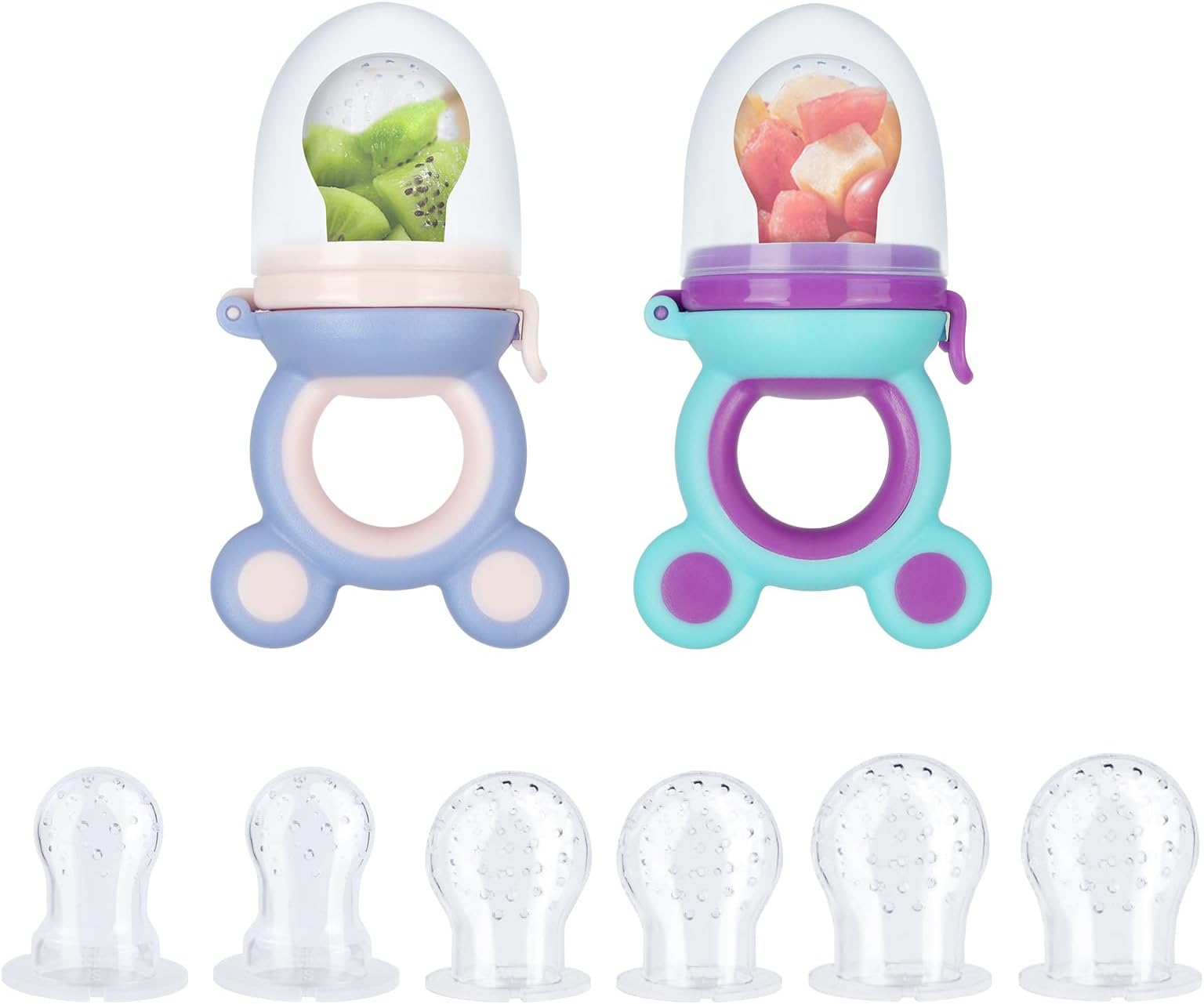 Vicloon Baby Food Feeder Set, 2 Pack Silicone Baby Fresh Food Feeder Fruit Feeder Pacifier, Infant Teething Toy Teether with 2 Soft Spoons, 6 Replacement Nipples and 1 Pacifier Chain(Green Purple)