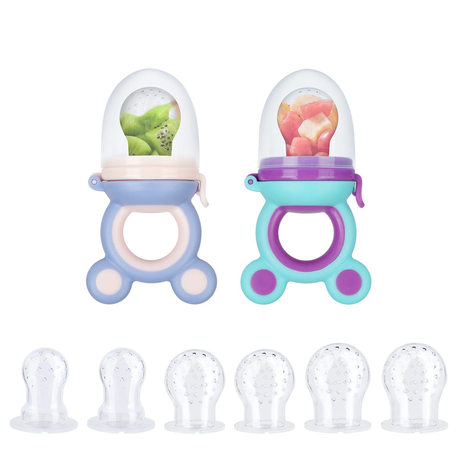Vicloon Baby Food Feeder Set, 2 Pack Silicone Baby Fresh Food Feeder Fruit Feeder Pacifier, Infant Teething Toy Teether with 2 Soft Spoons, 6 Replacement Nipples and 1 Pacifier Chain(Green Purple)