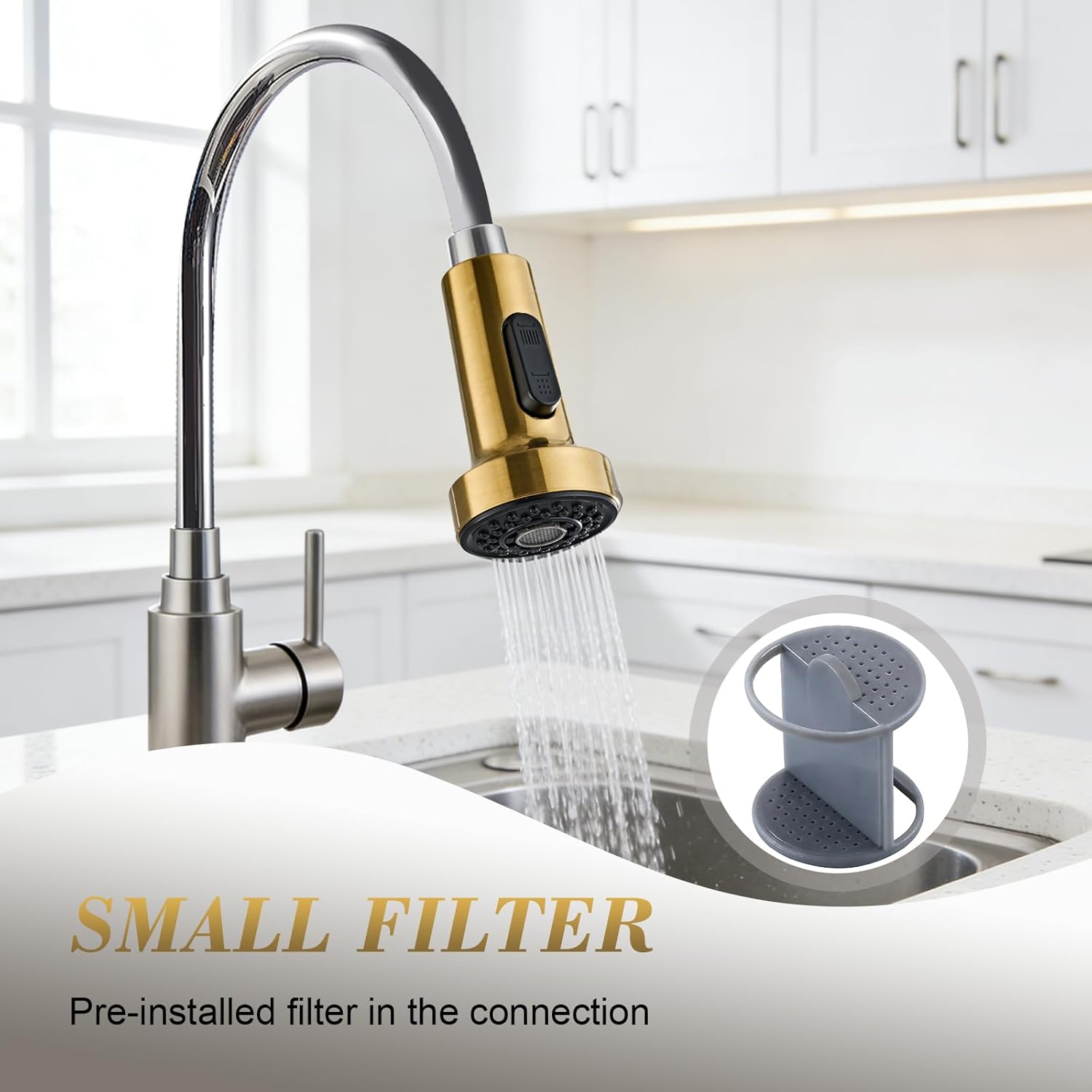 Kitchen Faucet Head Replacement, Pull Down Spray Head with 2 Spray Modes, High Pressure Faucet Sprayer, Universal Sink Spray Head Replacement (Brushed Gold)