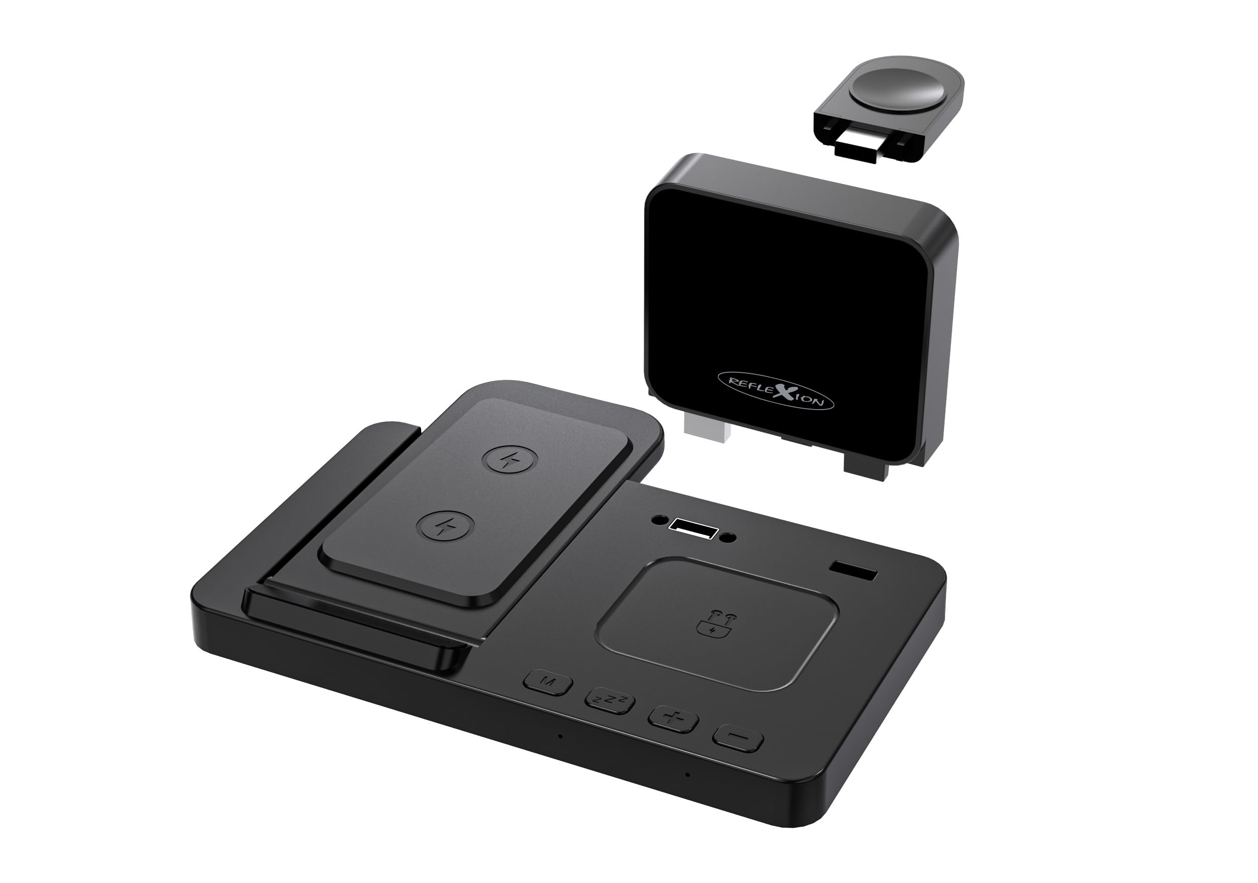 Reflexion Caricabatterie wireless 4 in 1 con orologio e sveglia, stazione di ricarica wireless per smartphone, Apple Watch e cuffie, ricarica rapida da 15 W, doppia funzione sveglia, connessione USB-C