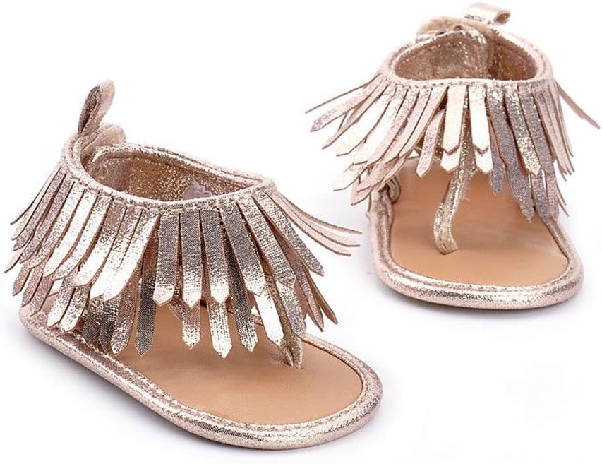 Enhill Infant Newborn Baby Girl Summer Anti-Slip Soft Sole Crib Shoes Tassel Moccasin Sandal (Silver, Infant, Women, 0 Months, Age Range, US Footwear Size System, 6 Months, Medium)