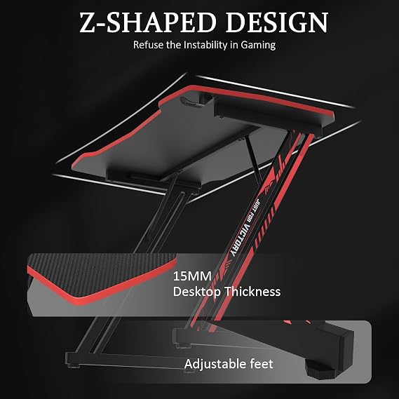 Gaming Desk, Computer Desk with Carbon Fiber Surface, Z Shaped Gaming Table PC Gaming Workstation Home Office Desks with Headphone Hook (39 inch, Red)