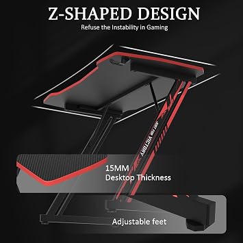 Gaming Desk, Computer Desk with Carbon Fiber Surface, Z Shaped Gaming Table PC Gaming Workstation Home Office Desks with Headphone Hook (39 inch, Red)
