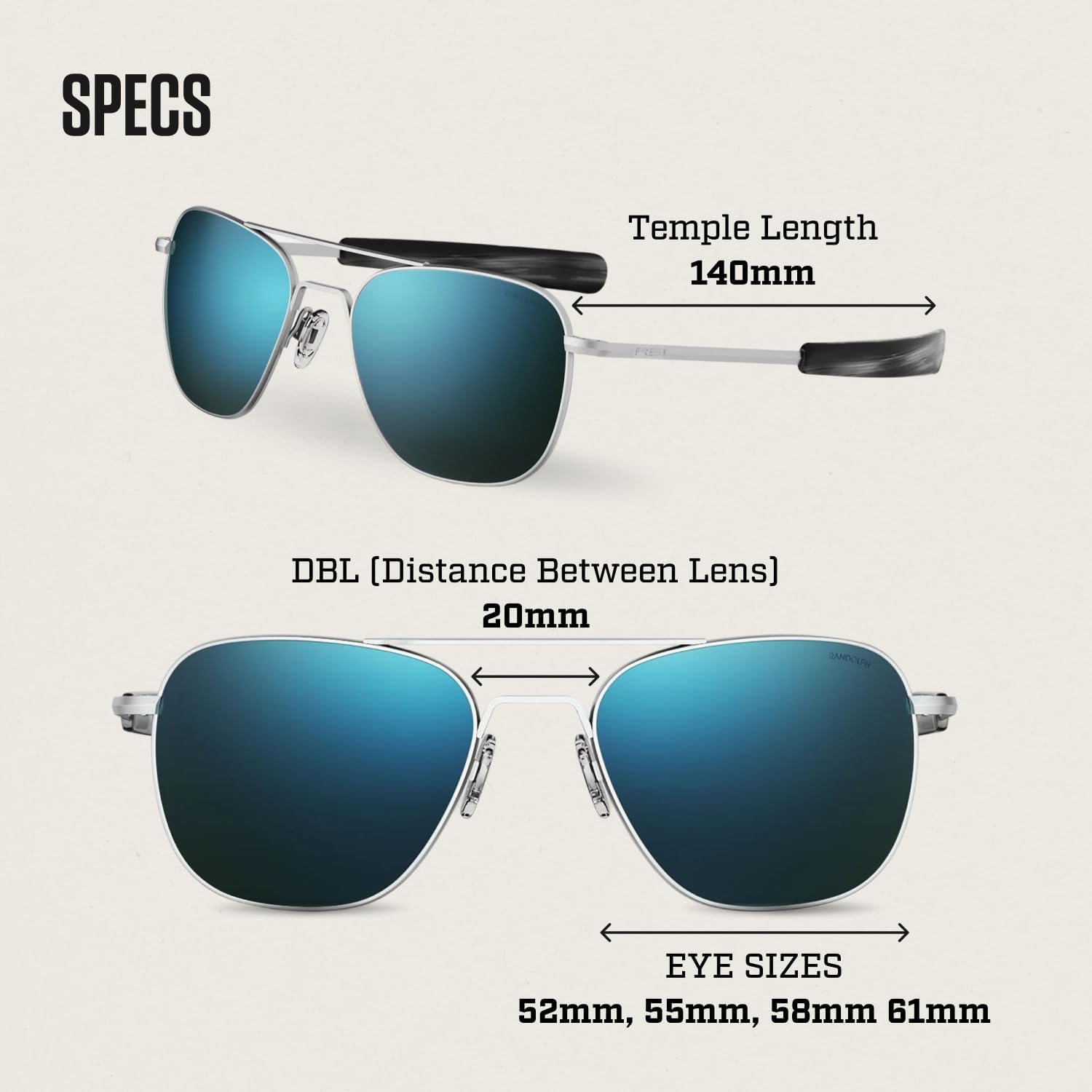 Randolph Eyewear Aviator Sunglasses for Men & Women – Non-Polarized & Polarized Lenses, Matte Chrome UV Protection Sunglasses