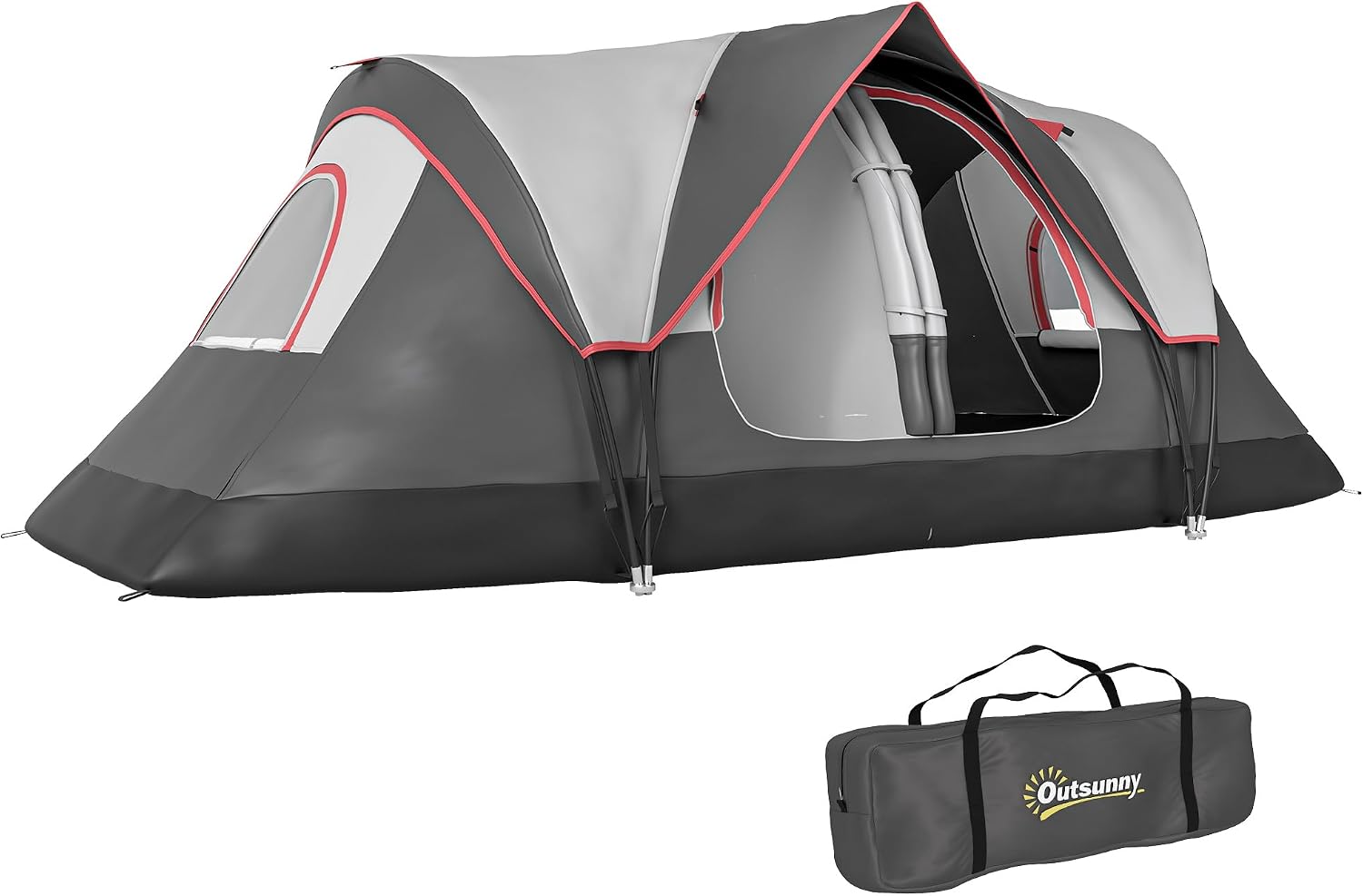 Tente de camping Outsunny pour 6 personnes avec 2 chambres, Grande tente familiale avec auvent 2000mm et panneaux en maille, Portable avec sac pour pêche, randonnée, festival, 15pi x 7pi x 71po
