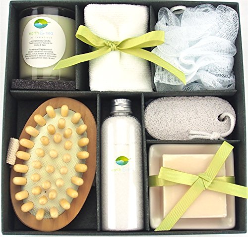 Earth & Sea Spa Essentials Bath Set-Soy Wax Candle, Cotton Bath Cloth, Exfoliating Sponge, Pumice Stone, Wooden Massager Brush, Salts, Bath Soap-Green Gift Set