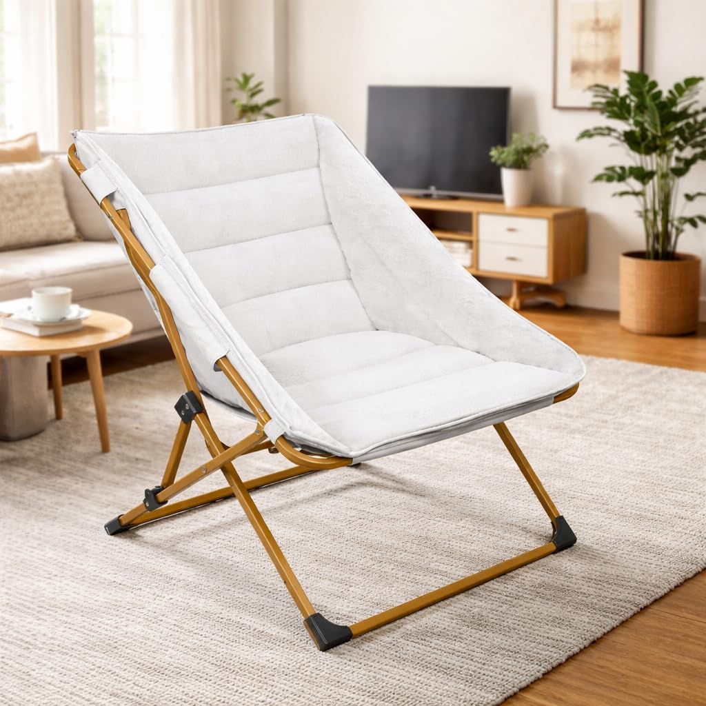 Comfy Saucer Chair for Adults, Faux Fur Folding Lounge Chair for Bedroom & Dorm Oversized Cozy Reading Chair with Steel Frame, No Assembly, Space-Saving for Small Spaces, White