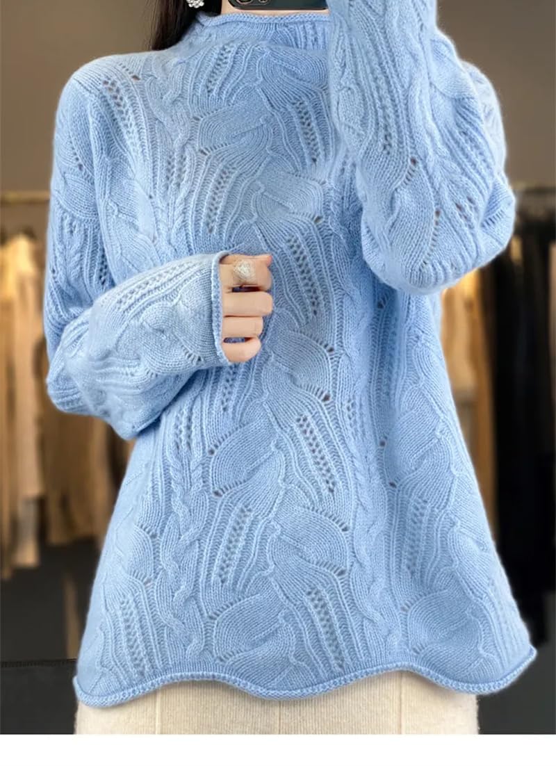 Dninmim Suéter de lana de manga larga con cuello alto para mujer, suéter de punto hueco