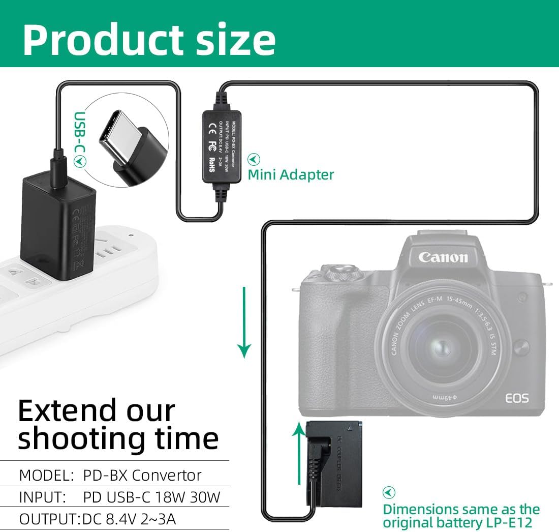 DR-E15 DC Coupler ACK-E15 AC Power Adapter LP-E12 Dummy Battery USB-C Cable PD Adapter Kit for Canon EOS Rebel SL1, 100D DSLR, Kiss X7, PowerShot SX70 HS Cameras