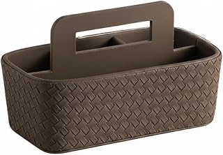 Storage Basket Remote Holder Organizer Bin In Woven PVC Leather Rectangular Shape With Handle For Clutter Control Suitable for coffee console home office studio, Coffee Brown