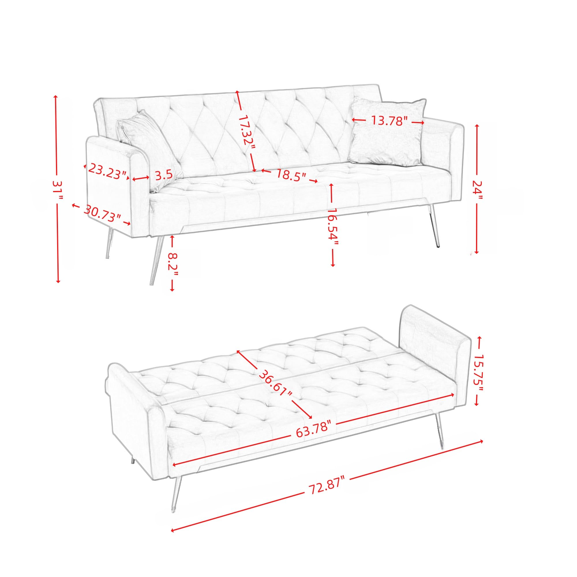 KEIKI 72" Futon Sofa Bed, 2-in-1 Loveseat, Velvet Upholstered Couches for Living Room, Sofa Sleeper for Small Space, Comfy Supportive Rest Space Elegant Modern Studio Design, Beige