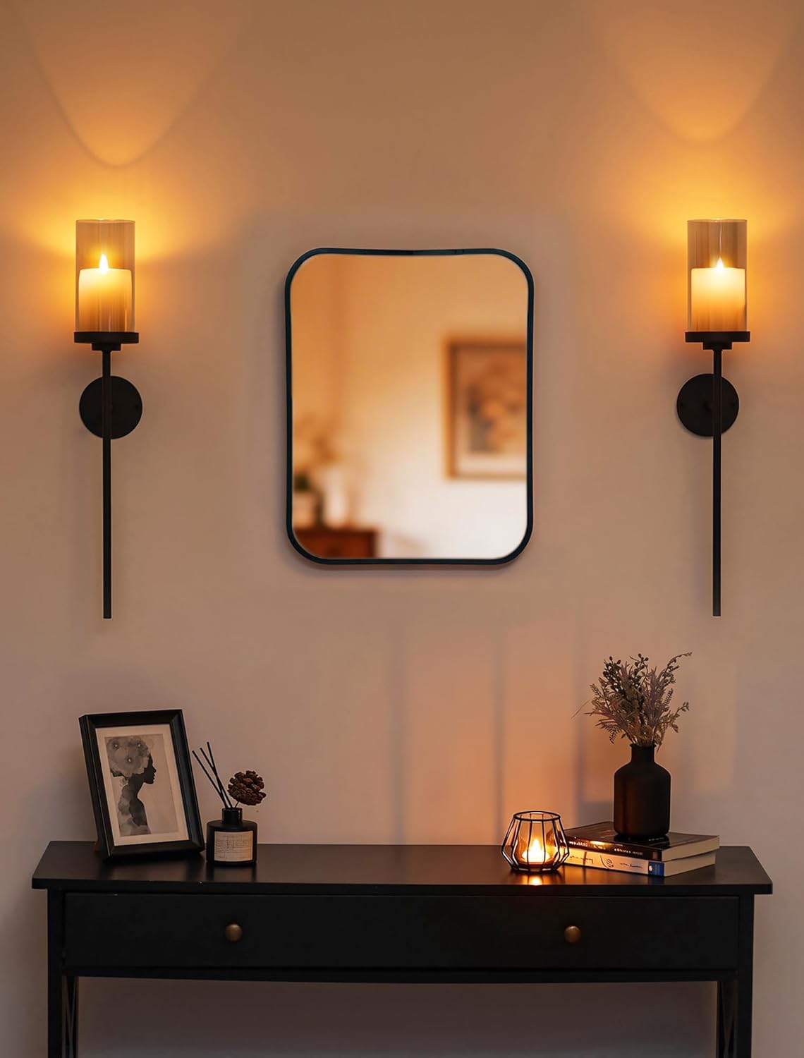 Black Wall Candle Holder Decor: 22 Inch Metal Long Candle Sconces with Smokey Grey Hurricane Modern Minimalist Decoration for Hallway Living Room Beside Fireplace TV