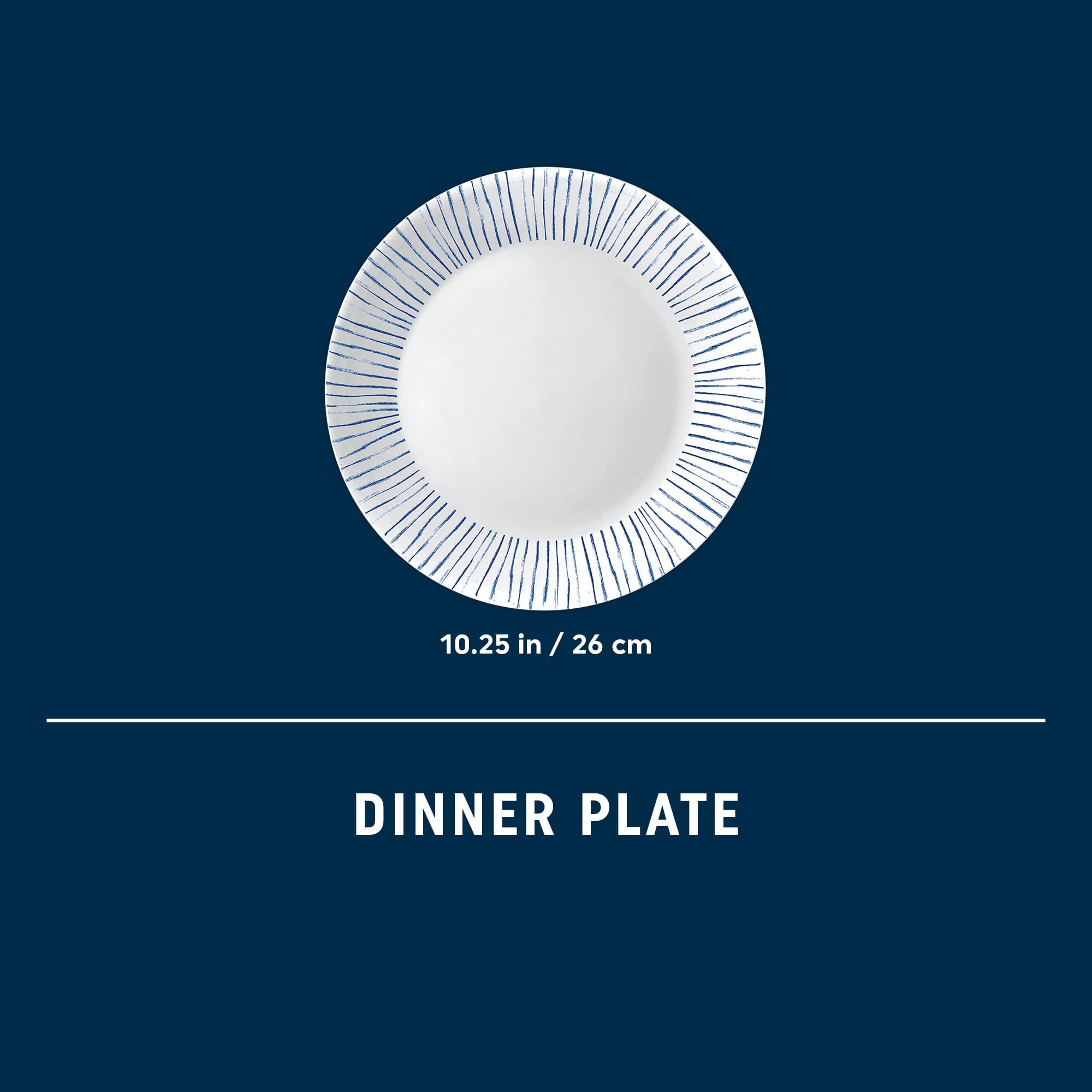 Corelle 6-Piece 10.25" Vitrelle Glass Dinner Plates, Lightweight, Chip/Scratch Resistant - Botanical Stripes
