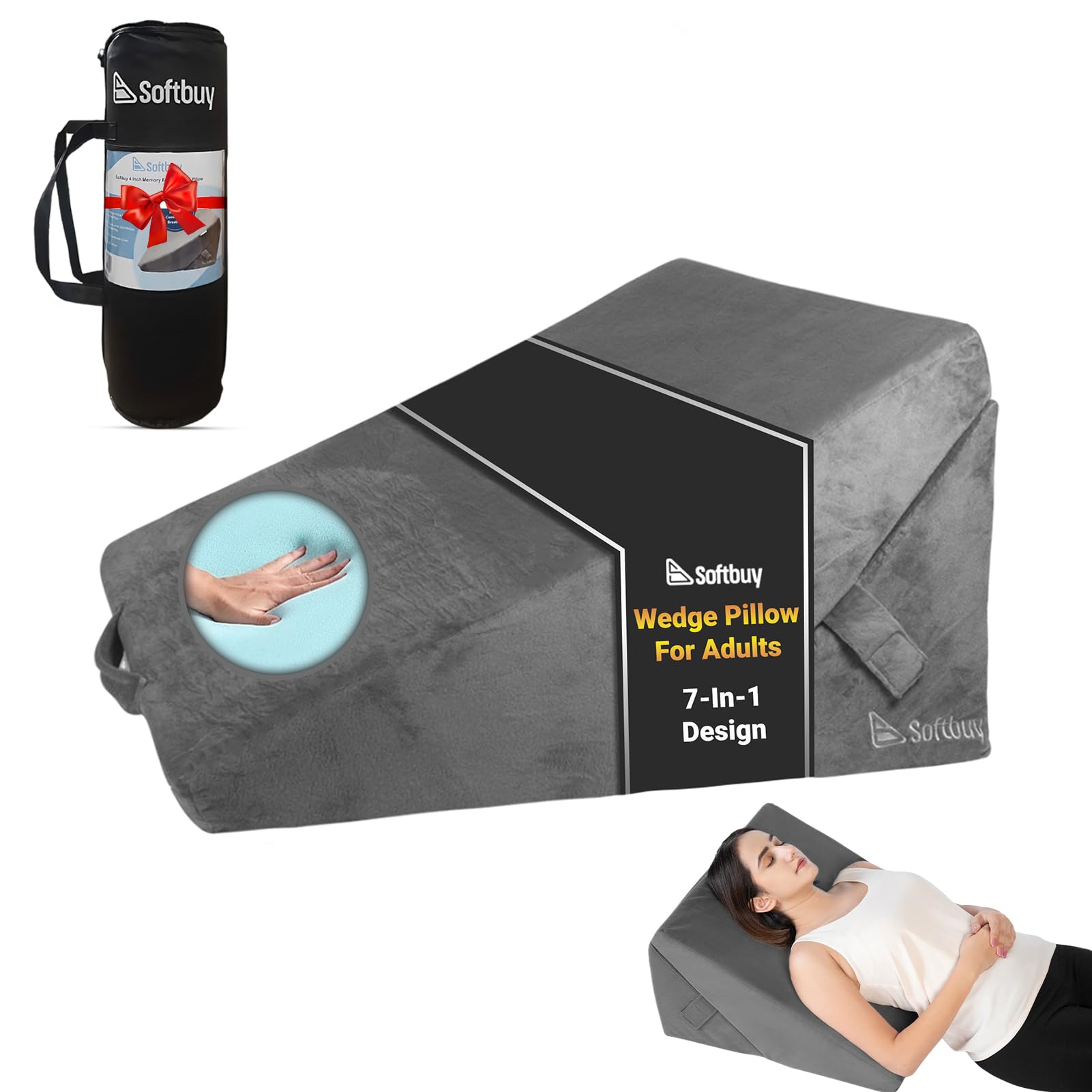 Orthopaedic 7 in 1 Grey Bed Wedge Pillow for Adults – Adjustable Double Memory Form Wedge Cushion for Reading, Sitting, Acid Reflux, Back Pain, Leg Pain & GERD – Removable Washable Cover