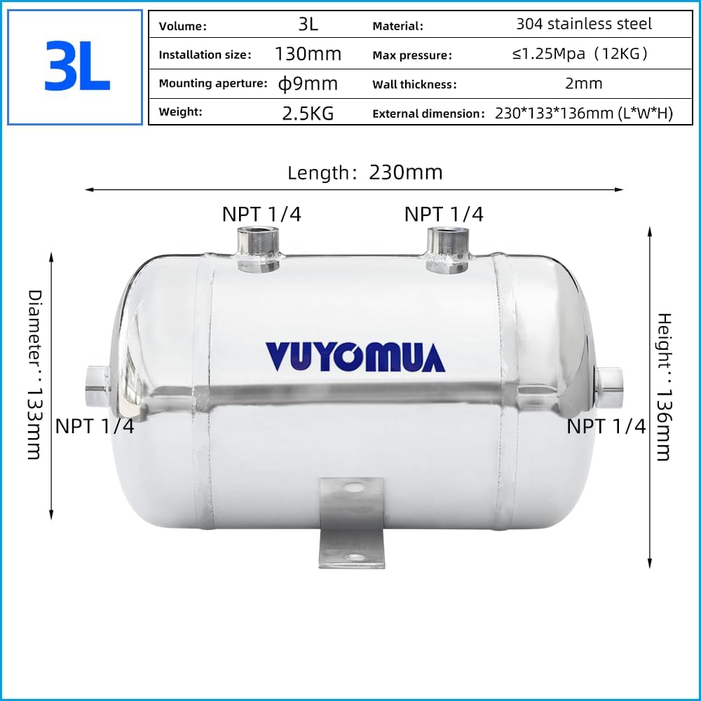 1/4" NPT Air Compressors 0.8 Gallon Stainless Steel Portable Air Compressor Max 180PSI Air Reservoir Water Storage Tank for Truck, Car, Air Horn, Inflating Tires, Air Ride