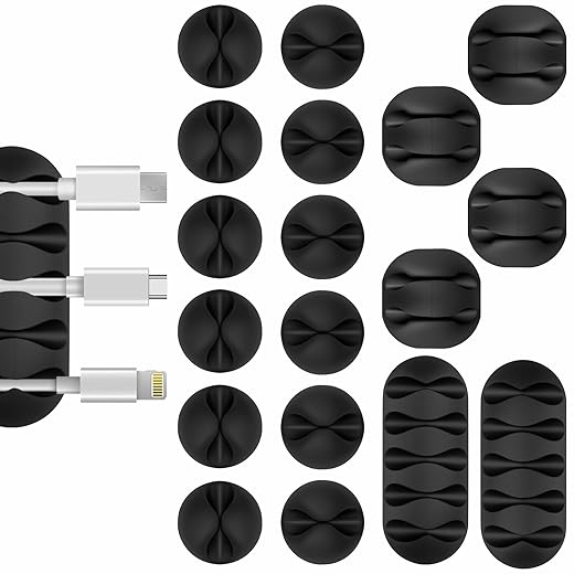 Cable Clips Cord Holder - 18 PCS Black Adhesive Phone Cord Organizer Charger Holder Cable Wire Management Clips Keeper for Nightstand, Desk, Office or Mouse