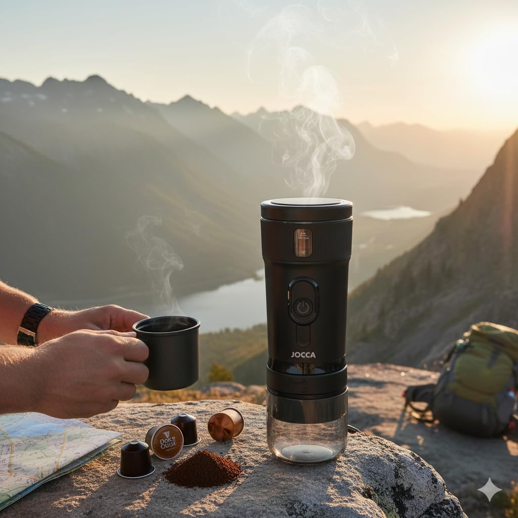Jocca – Cafetera Portátil 3 en 1 | Compatible con Cápsulas Nespresso, Dolce Gusto y Café Molido | 15 Bares, Batería 2600mAh, Calentador 100W, USB-C, 100ml, Café Caliente en 8 Minutos
