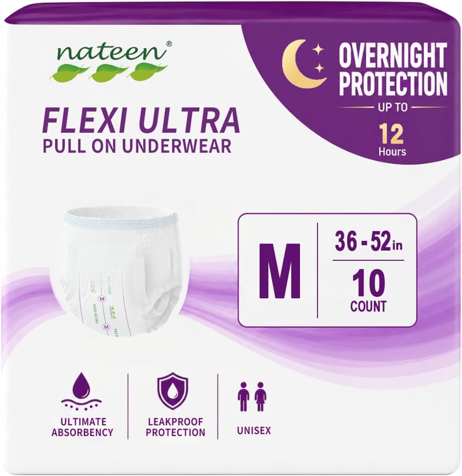 Nateen Flexi Ultra Adult Overnight Incontinence Underwear for Men & Women, Ultimate Absorbency Adult Pull Ups for Heavy Leaks, Leakproof Disposable Protective Underwear. Medium, 10 Count