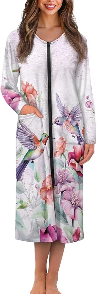 Long Nightgown Casual Womens Loungewear Long Sleeve Crew Neck Sleepwear Full Length Sleep Shirt with Pockets