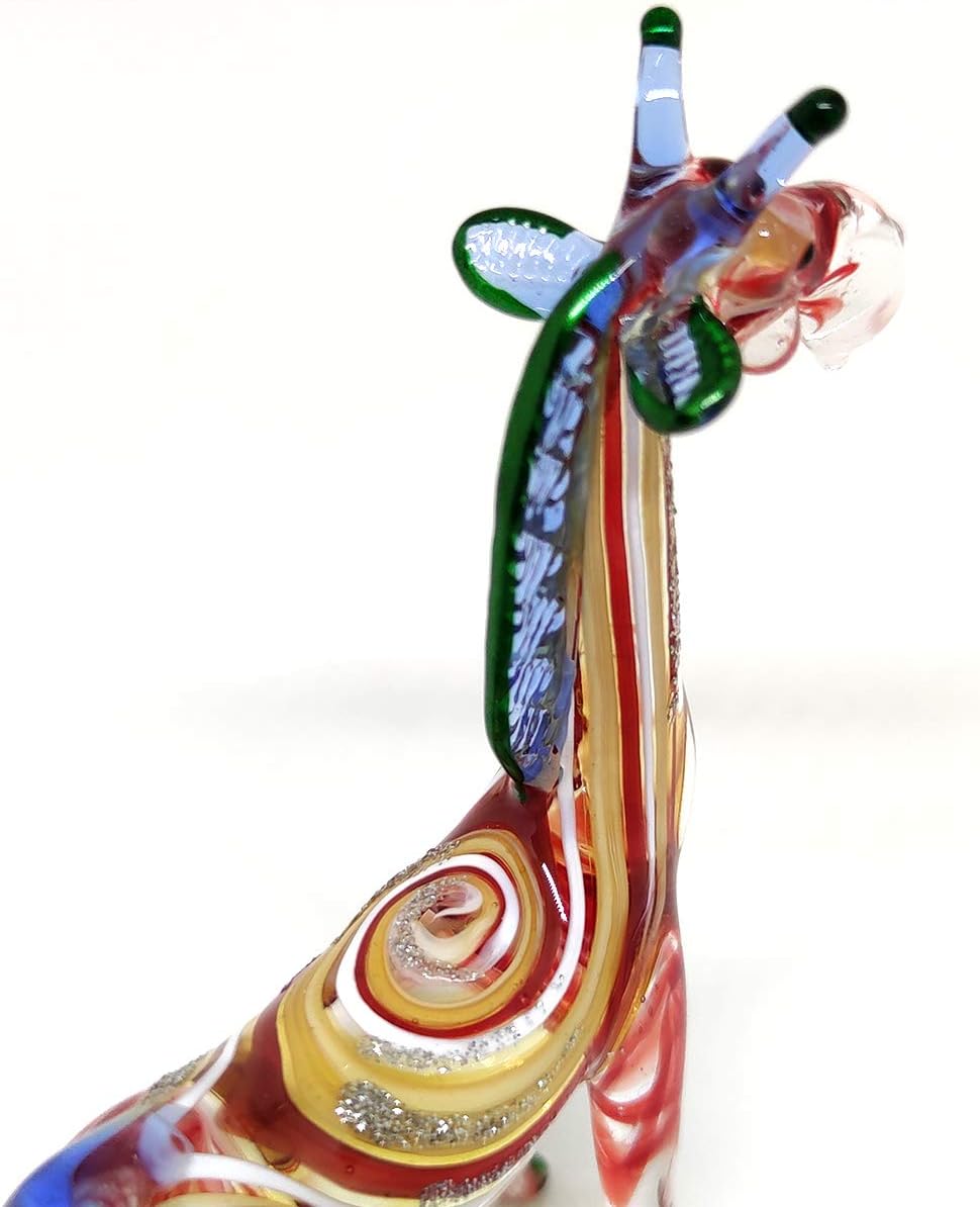 Giraffe Miniature Figurine - Hand Blown Glass Animal Sculpture - Tiny Collectible Art Gift for Wildlife Lovers Home Décor (3.5" Multi-Red)