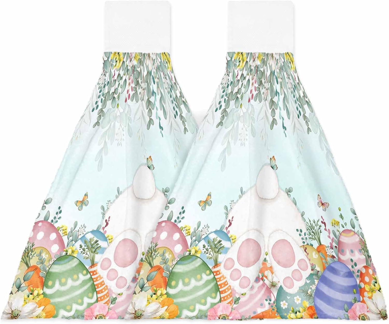 Cute Easter Bunny Kitchen Hand Towels with Hanging Loops Set of 2 Eucalyptus Leaves Colorful Eggs Teal Soft Thick Oven Fingertip Dry Microfiber Tie Dish Towel Absorbent Cleaning Washcloth for Bathroom