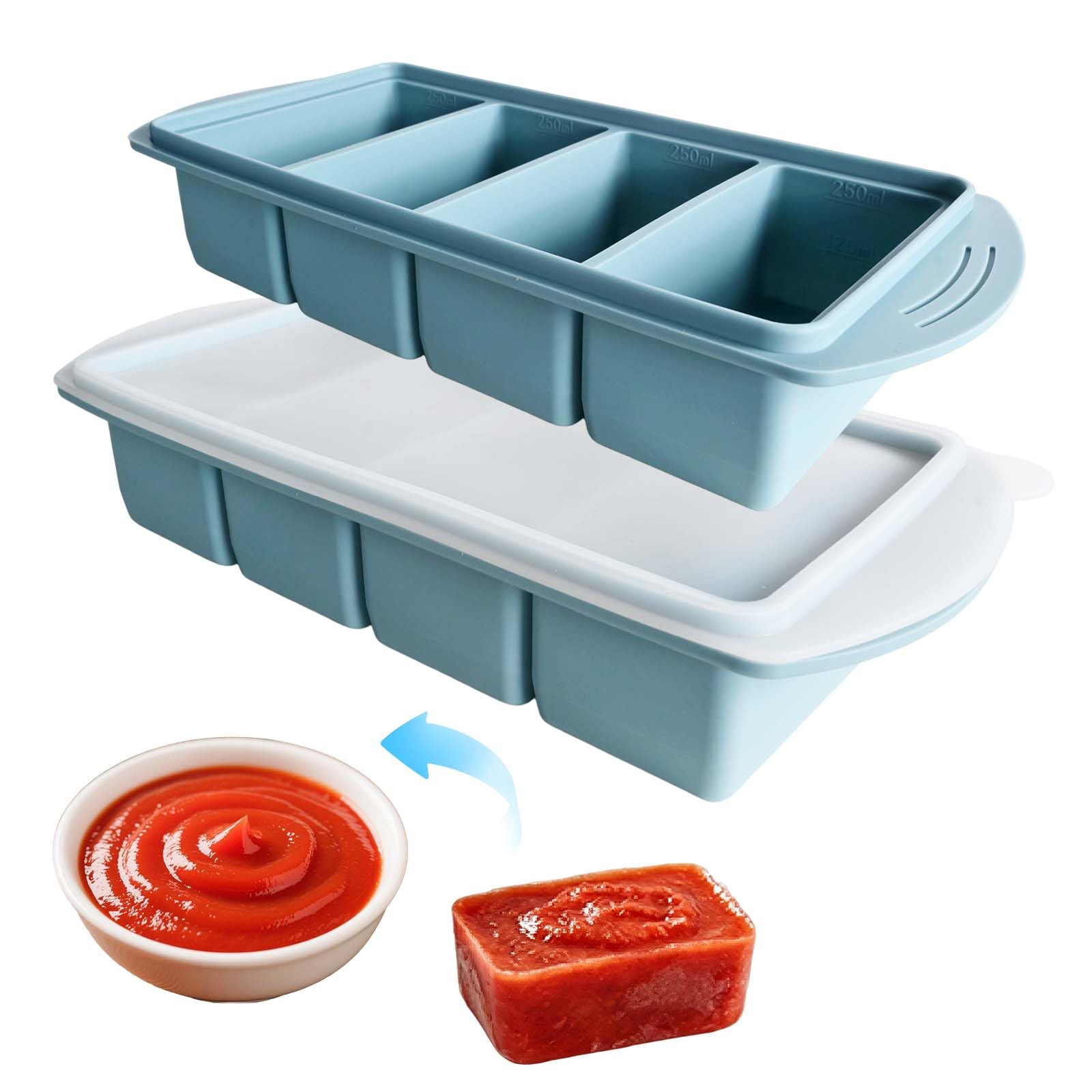 Solvio Blue 2 Pack Silicone Freezer Tray For Soup With Lid, 1-Cup & 1/2-Cup Portion Soup Freezer Containers For Meal Prep, Large Ice Cube Tray For Storing Broth, Sauce And Leftovers, Bpa Free