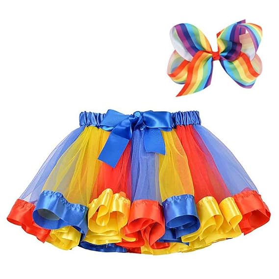 BGFKS Layered Ballet Tulle Rainbow Tutu Skirt Dress Up with Colorful Hair Bows
