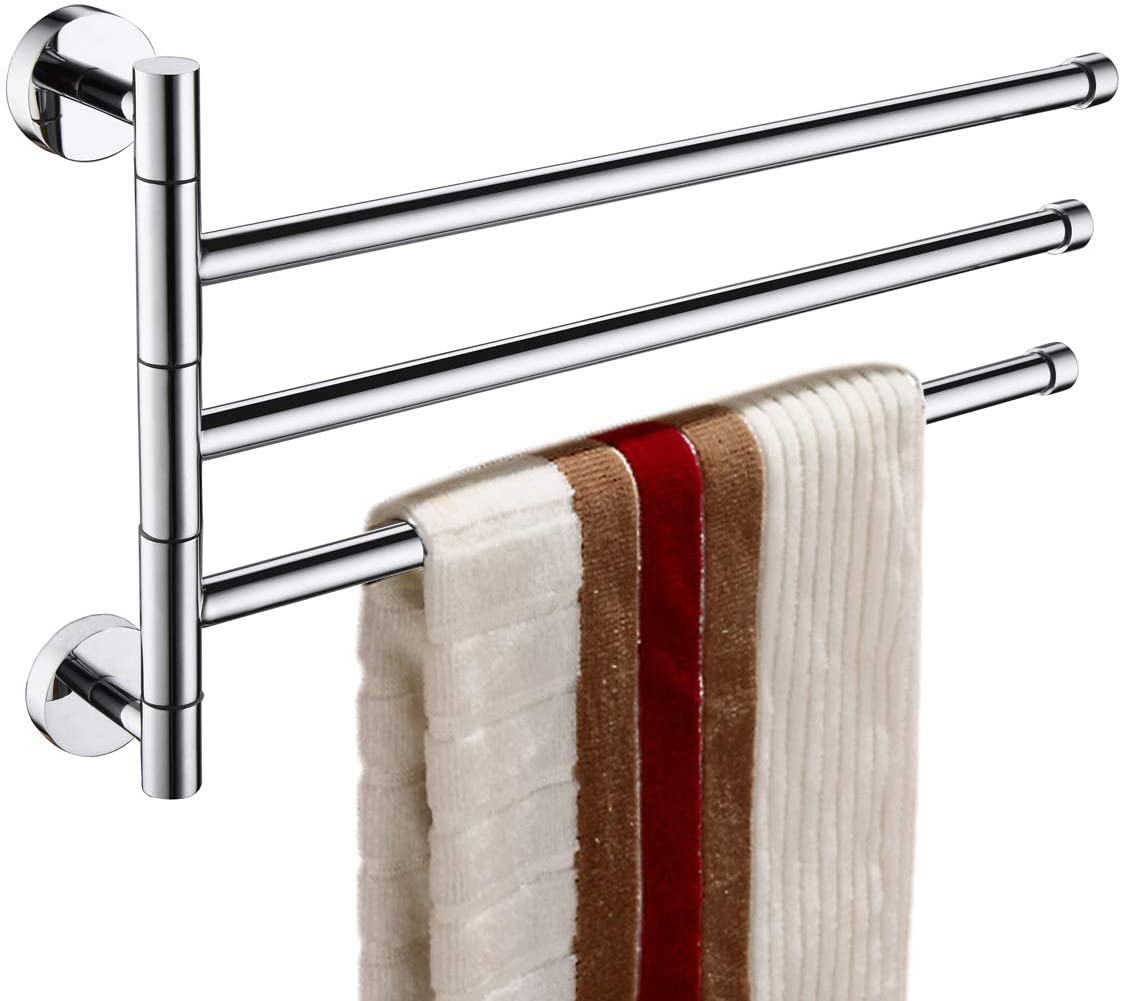 Luxury Towel Rail 3-Arms Swivel Towel Bar Solid Brass Chrome Finished Bathroom Swing Hanger Towel Rack Holder Space Saving Wall Mount Bath Accessories