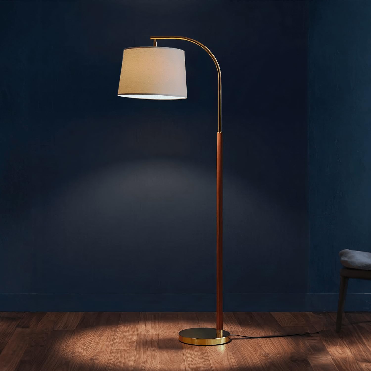 65” Walnut Gold Arc Floor Lamp for Living Room, 1200 Lumens 3-Level Brightness Mid Century Modern Floor Lamp for Bedroom, Wood Vintage Gold Standing Lamp, Adjustable Lampshade, LED Bulb Included