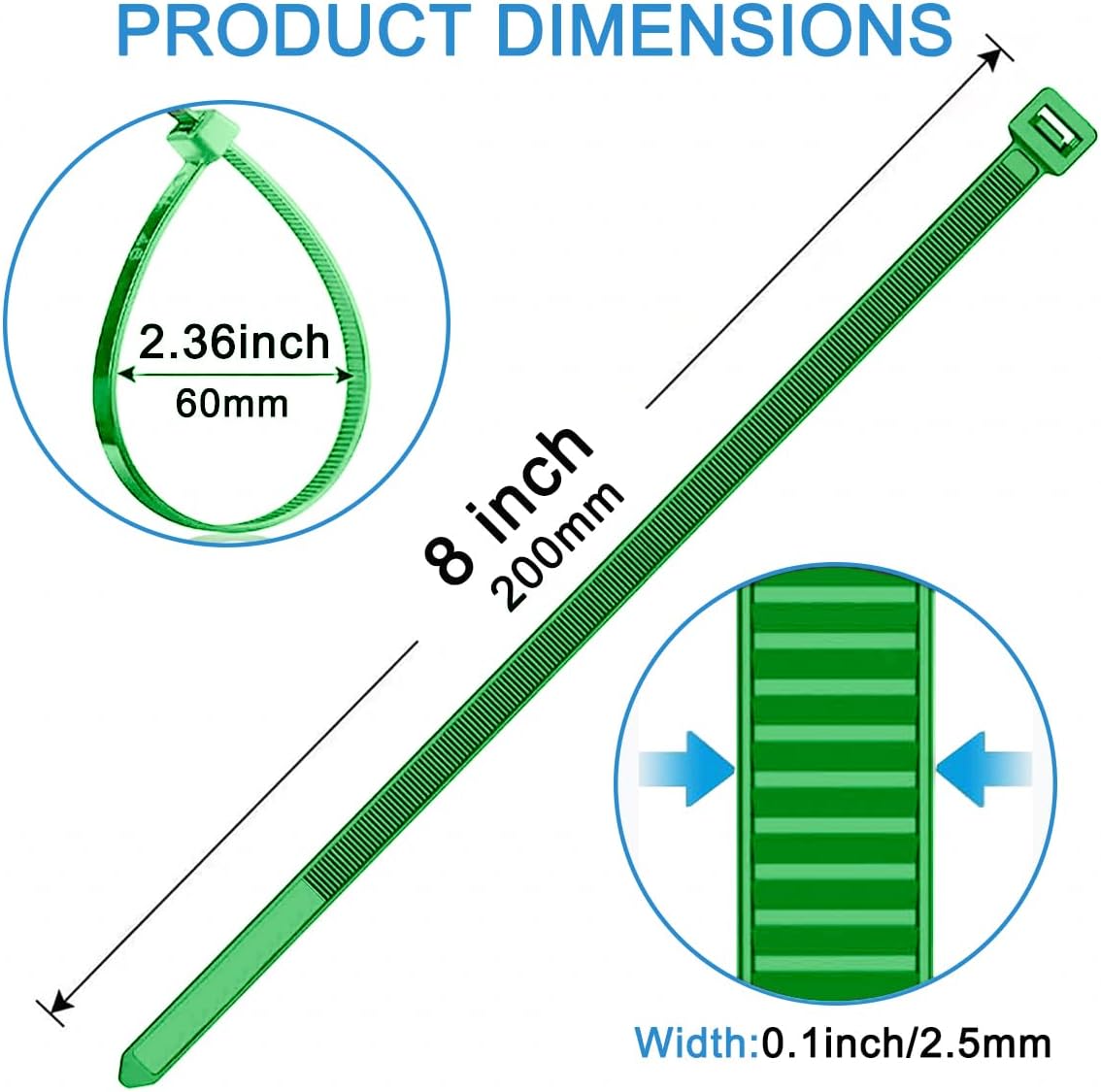 8 inch Zip Ties 0.1 Width, 18lb Strength, 100pcs Cable Ties Nylon Material, UV Resistant, High/Low Temperature Resistant Durable, Ideal for Indoor and Outdoor Use Green