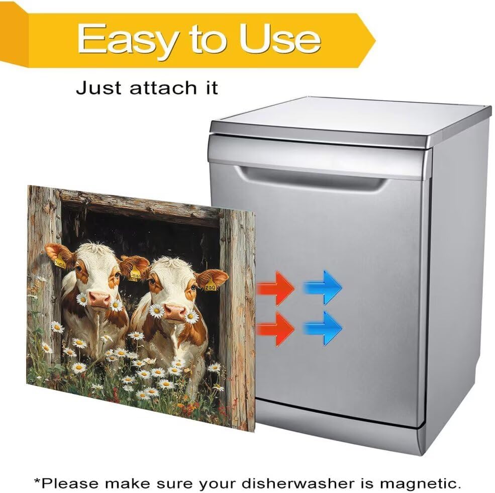 Cow Dishwasher Magnetic Panel Cover,Farmhouse Cows Sticker Door Cover,Cattle Refrigerator Oven Vinyl Daisy Panel Decal,Flowers and Cattles Home Kitchen Decor
