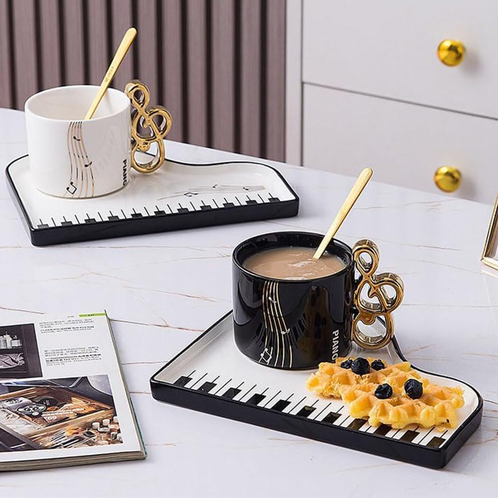Tazze in Ceramica con Note Musicali con Piattino e Cucchiaino, Tazze da Caffè Creative con Tema Piano, Tazze da Cappuccino 200 ml, Tazze da Caffè in Porcellana, Tazze Mocha in Set Regalo (Bianco
