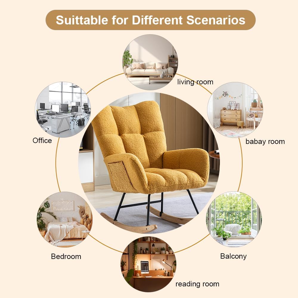 Rocking Chair Nursery, Teddy Upholstered Glider Rocker with High Backrest, Reading Chair Modern Rocking Accent Chairs Glider Recliner for Living Room, Nursery, Bedroom,Yellow, W137294658
